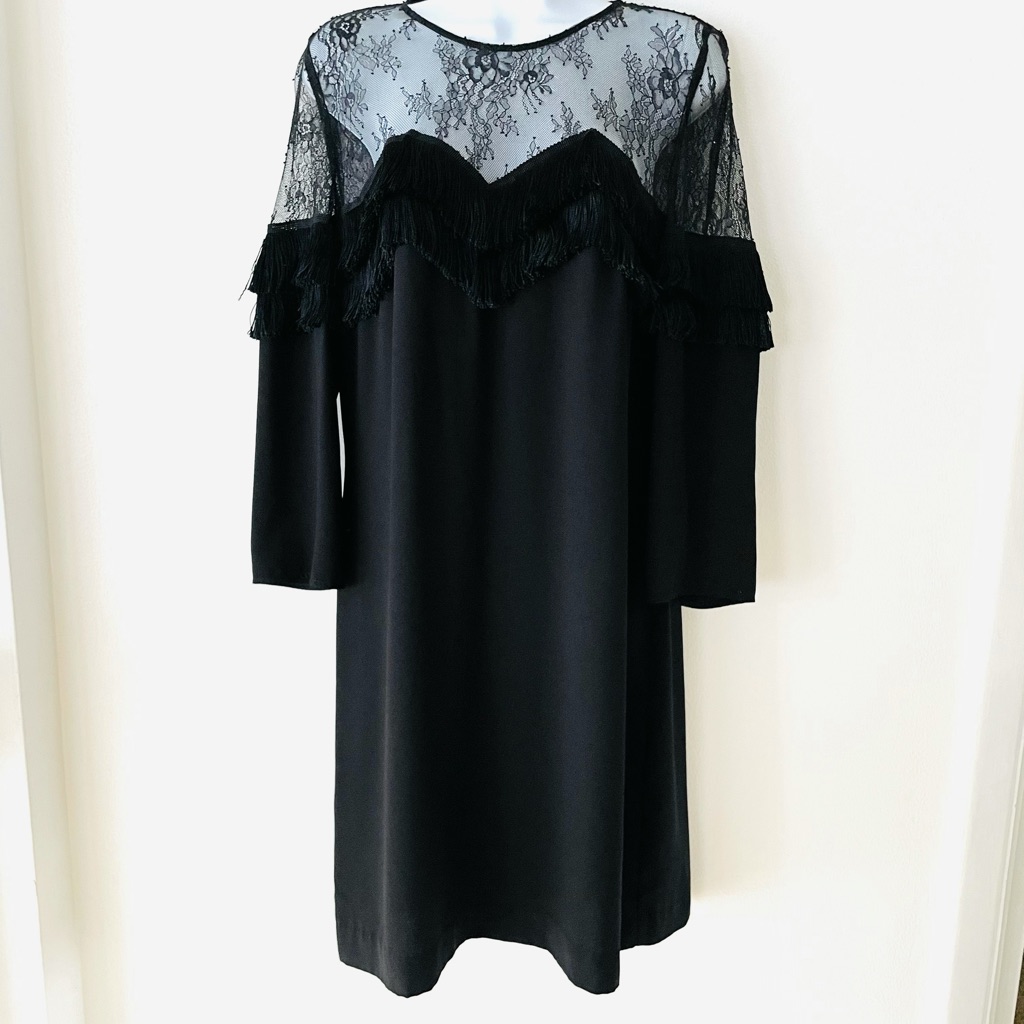 The Kooples Black Lace & Fringe Dress L